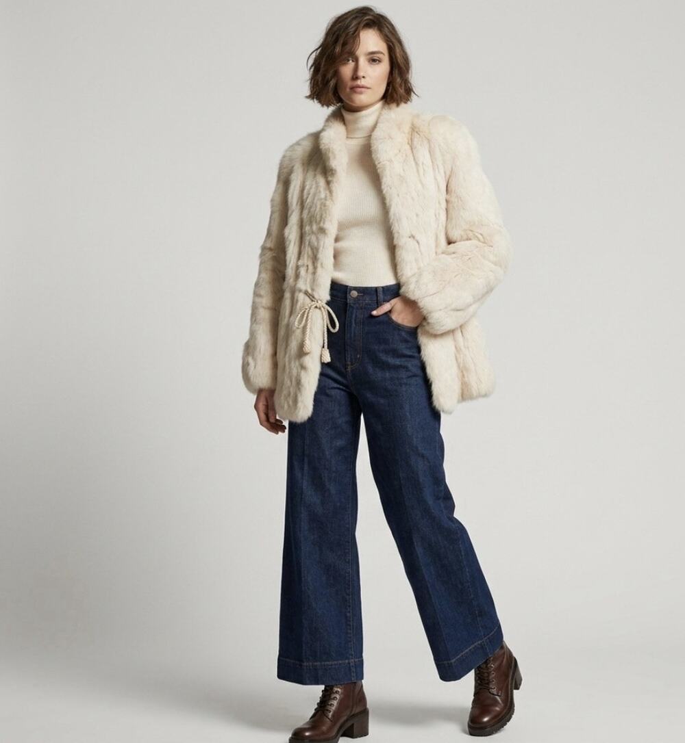 Vintage 70s Off White Cream Rabbit Fur Jacket Real Fur Coat Med Mob Wife